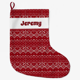 Festive Red and White Scandinavian Knit Pattern Large Christmas Stocking