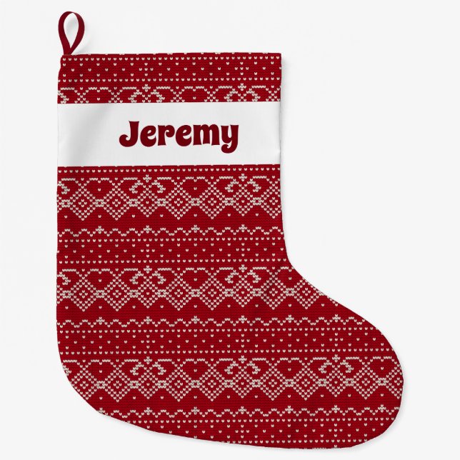 Festive Red and White Scandinavian Knit Pattern Large Christmas Stocking (Front)