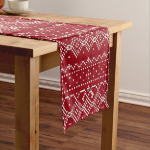 Festive Red and White Scandinavian Knit Pattern Short Table Runner