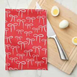 Festive Red and White Simple Bow Doodle Pattern Tea Towel
