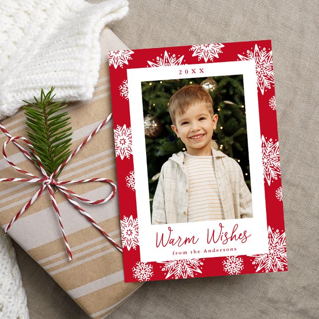 Festive Red and White Snowflakes Photo Holiday Card (Creator Uploaded)
