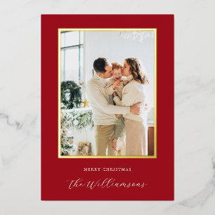 Festive Red Background Script Name Christmas Photo Foil Holiday Card