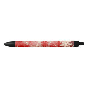 Festive red background with white snowflakes black ink pen