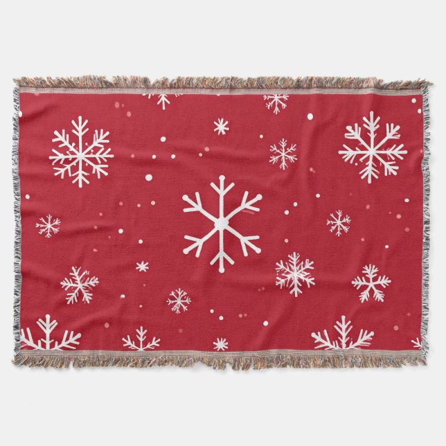 Festive red background with white snowflakes throw blanket (Front)