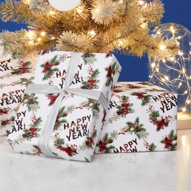  Festive Red Berries Happy New Year Pattern Wrapping Paper (Holidays)