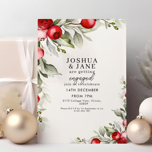 Festive Red Berry Greenery Engagement Party  Invitation (Creator Uploaded)