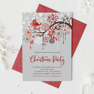 Festive Red Bird and Flowers Christmas Party Invitation