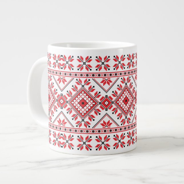 Festive Red Black Fair Isle Snowflake Art Motif Large Coffee Mug (Front Left)