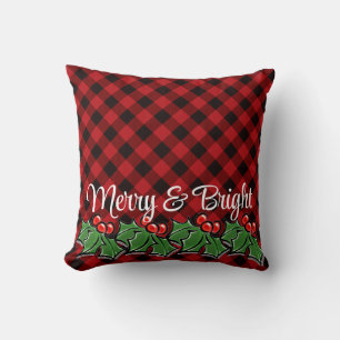 Festive red black plaid holly leaves berries cushion