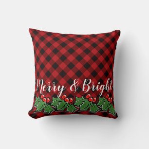 Festive red black plaid holly leaves berries cushion
