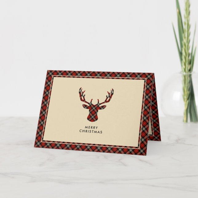 Festive Red & Black Plaid Tartan Stag Holiday Card (Front)