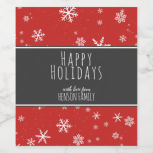 Festive Red Black Snowflakes Happy Holidays Wine Label