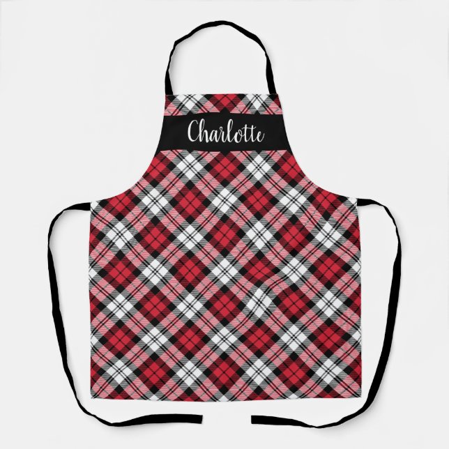 Festive Red Black Watch Plaid Monogram Apron (Front)