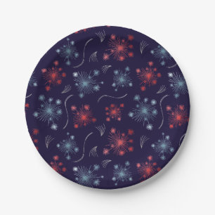 Festive Red, Blue and Silver fireworks design Paper Plate