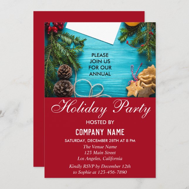 Festive Red & Blue Company Holiday Christmas Party Invitation (Front/Back)
