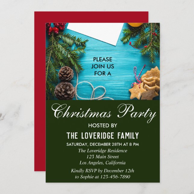 Festive Red, Blue & Green Country Christmas Party Invitation (Front/Back)