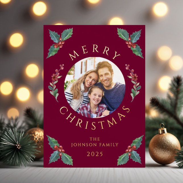 Festive Red Botanical Photo Christmas Foil Foil Holiday Card (Festive Red Botanical Photo Christmas Foil Foil Holiday Card)