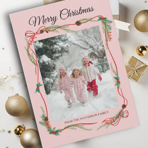 Festive Red Bow Border -1 Photo Dusty Pink Holiday Card