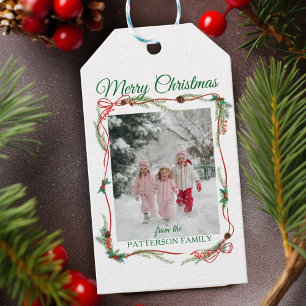 Festive Red Bow Border -1 Photo White Christmas Gift Tags