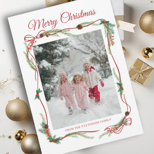 Festive Red Bow Border -1 Photo White Christmas Holiday Card