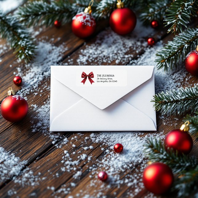 Festive Red Bow Christmas Return Address Label (Festive Red Bow Christmas Label)