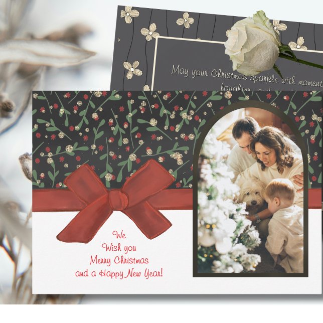 Festive Red Bow & Floral Flat Holiday Card (Watercolor Red Bow & Floral Flat Holiday Card)