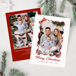 Festive Red Bow Ribbon Christmas Photo Holiday Card