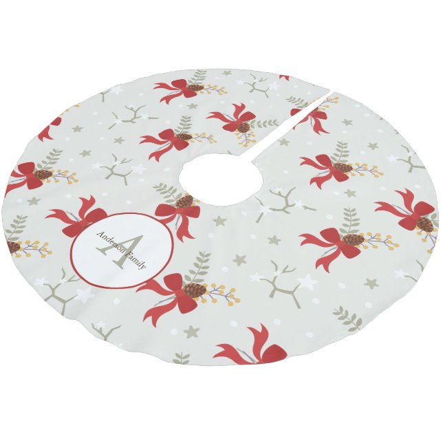 Festive Red Bows Christmas Family Monogram Brushed Polyester Tree Skirt (Angled)