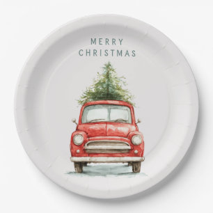 Festive Red Car with Christmas Tree Paper Plates