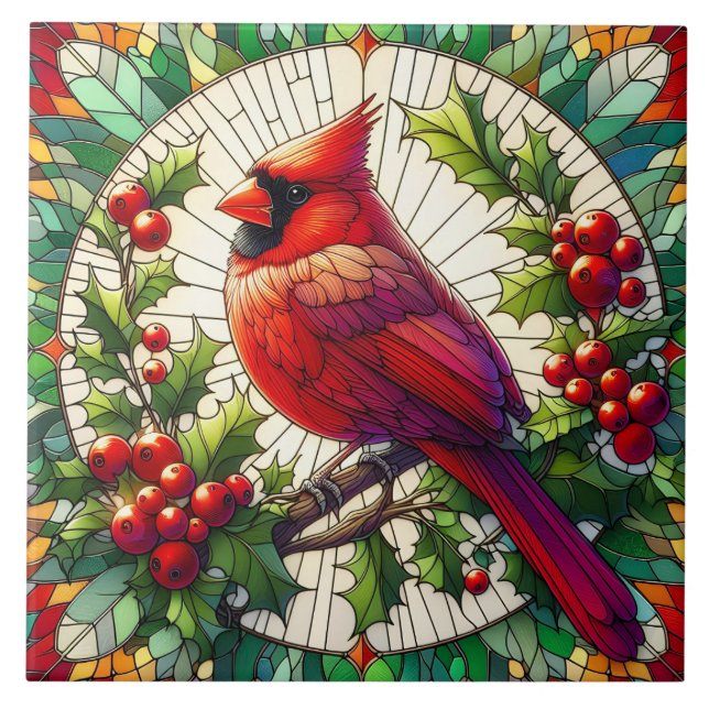 Festive Red Cardinal Stained Glass Art Ceramic Tile (Front)