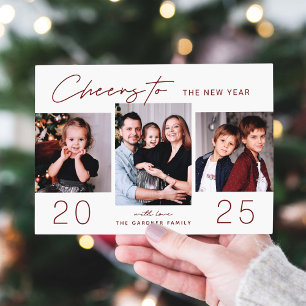 Festive Red Cheers to the New Year 2022 3 Photo Holiday Card