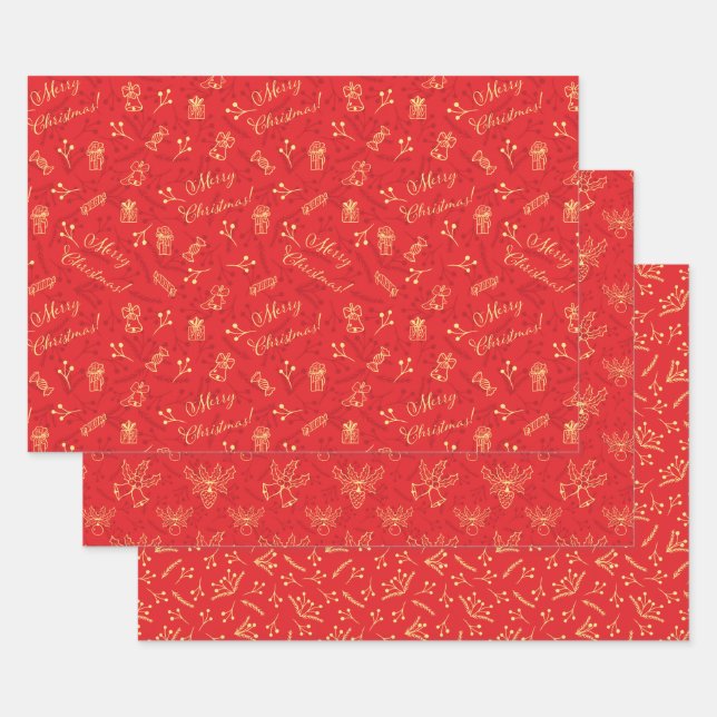 Festive Red Christmas 3 Patterns Holidays Gift Wrapping Paper Sheet (Set)