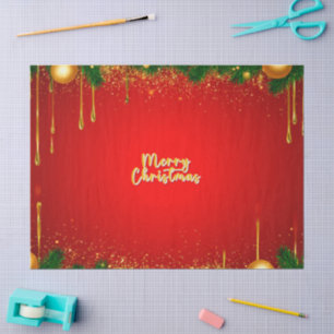 Festive Red Christmas Background With Gold Ornamen Tissue Paper