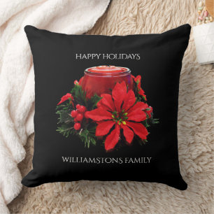 Festive Red Christmas Candle, Holly and Poinsettia Cushion