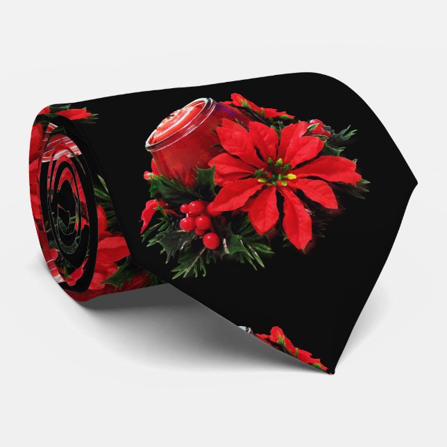 Festive Red Christmas Candle, Holly and Poinsettia Tie (Rolled)