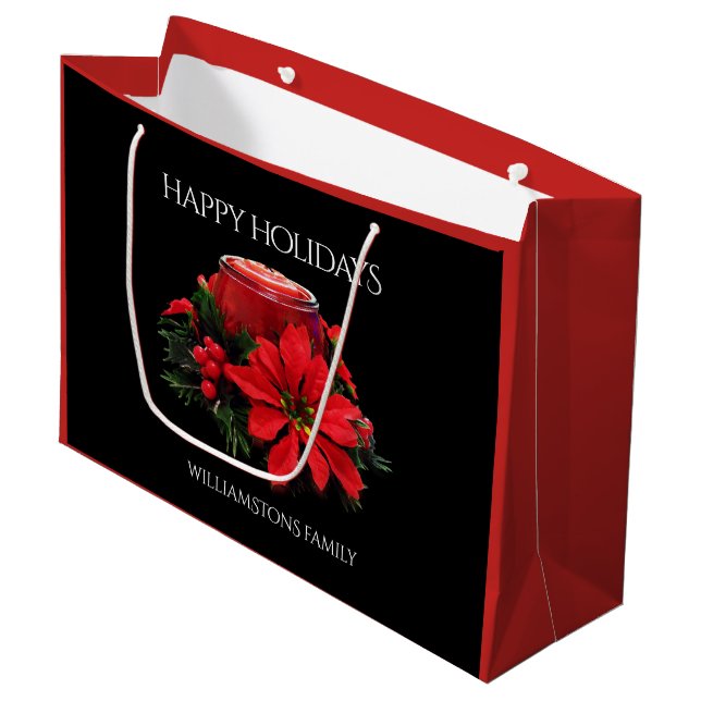 Festive Red Christmas Candles, Holly, & Poinsettia Large Gift Bag (Front Angled)