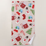 Festive Red Christmas Cookie Illustration Pattern Beach Towel<br><div class="desc">This cute and festive pattern is perfect for the Christmas holiday season. It features a hand-drawn holiday cookie illustration pattern including a snowglobe, Christmas tree, stocking, hot cocoa, candy cane, and snowman. The color scheme includes red, green, white, black, and sepia tan. ***IMPORTANT DESIGN NOTE: For any custom design request...</div>