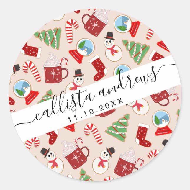 Festive Red Christmas Cookie Illustration Pattern Classic Round Sticker (Front)