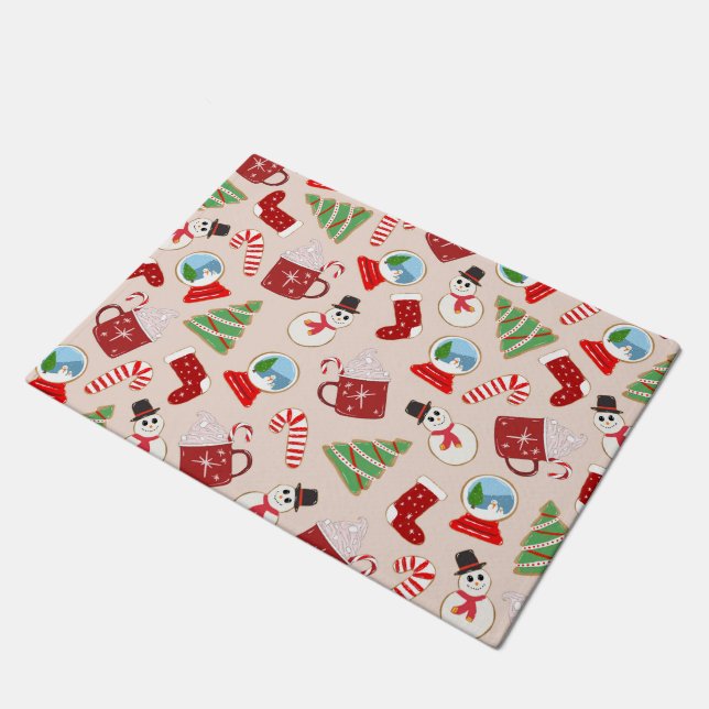 Festive Red Christmas Cookie Illustration Pattern Doormat (Angled)