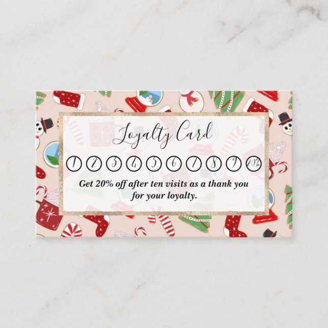 Festive Red Christmas Cookie Illustration Pattern Loyalty Card (Front)