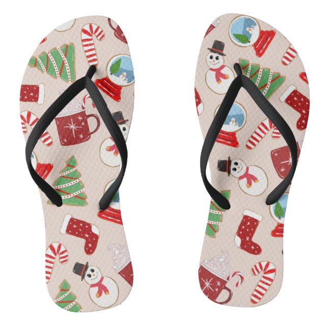 Festive Red Christmas Cookie Illustration Pattern Thongs (Footbed)