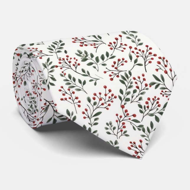 Festive Red Christmas Holly Berries and Greenery Tie (Rolled)