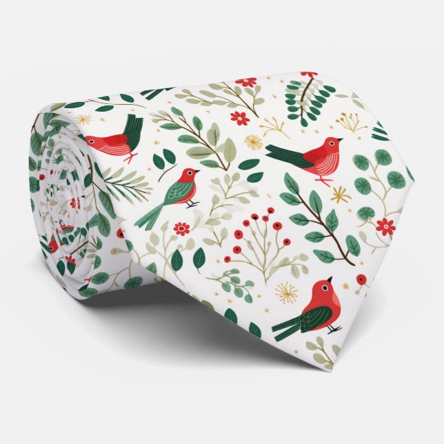 Festive Red Christmas Holly Berries Birds Tie (Rolled)