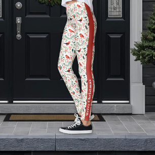 Festive Red Christmas Holly Berries Greenery Birds Leggings