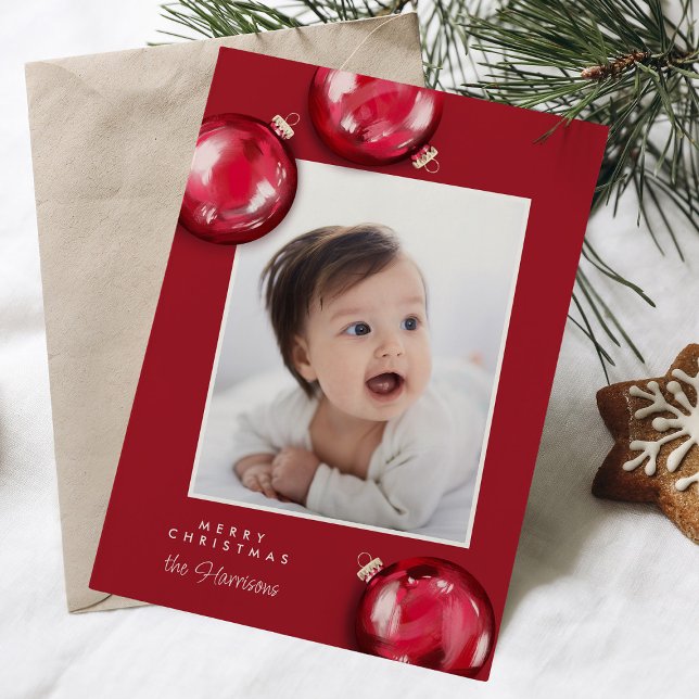 Festive Red Christmas Ornaments Photo Holiday Card (Creator Uploaded)