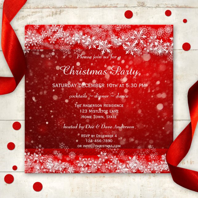 Festive Red Christmas Party Invitation (A modern Christmas party invitation in red with elegant snow crystals and snow flakes)