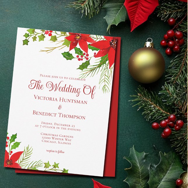 Festive Red Christmas Poinsettia Floral Wedding Invitation (Creator Uploaded)
