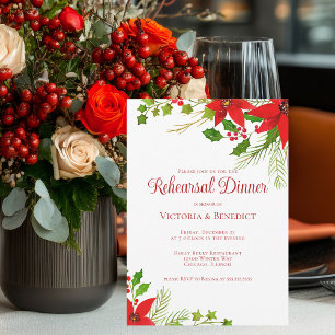 Festive Red Christmas Poinsettia Rehearsal Dinner Invitation