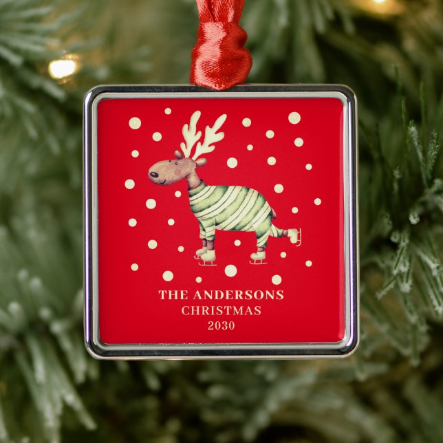 Festive Red Christmas Reindeer Skating Name Metal Ornament (Tree)