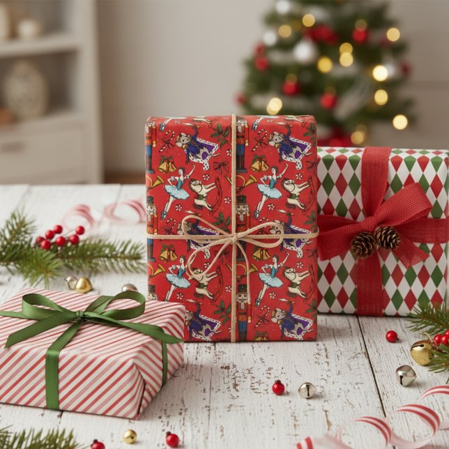 Festive Red Christmas Season Nutcracker Wrapping Paper Sheet (Festive Red Nutcracker Holiday Gift Wrap. Nutcracker Ballet, Red & Green Argyle, Candy Cane Stripes)